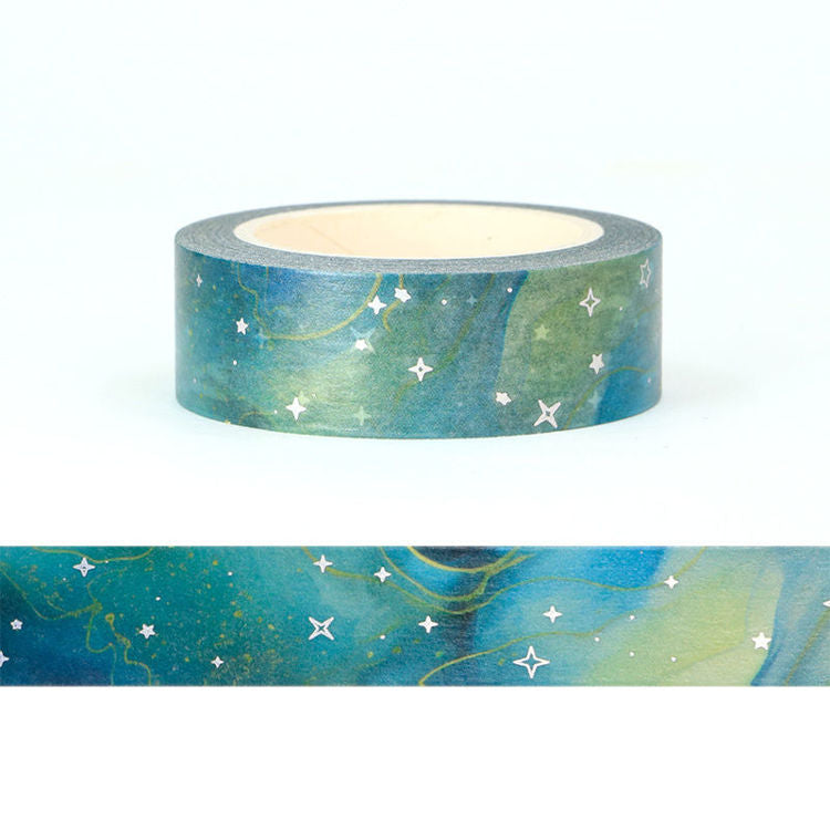 Image shows a green galaxy theme washi tape 