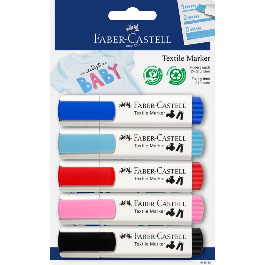 Image shows a set of Faber-Castell textile markers in baby colours