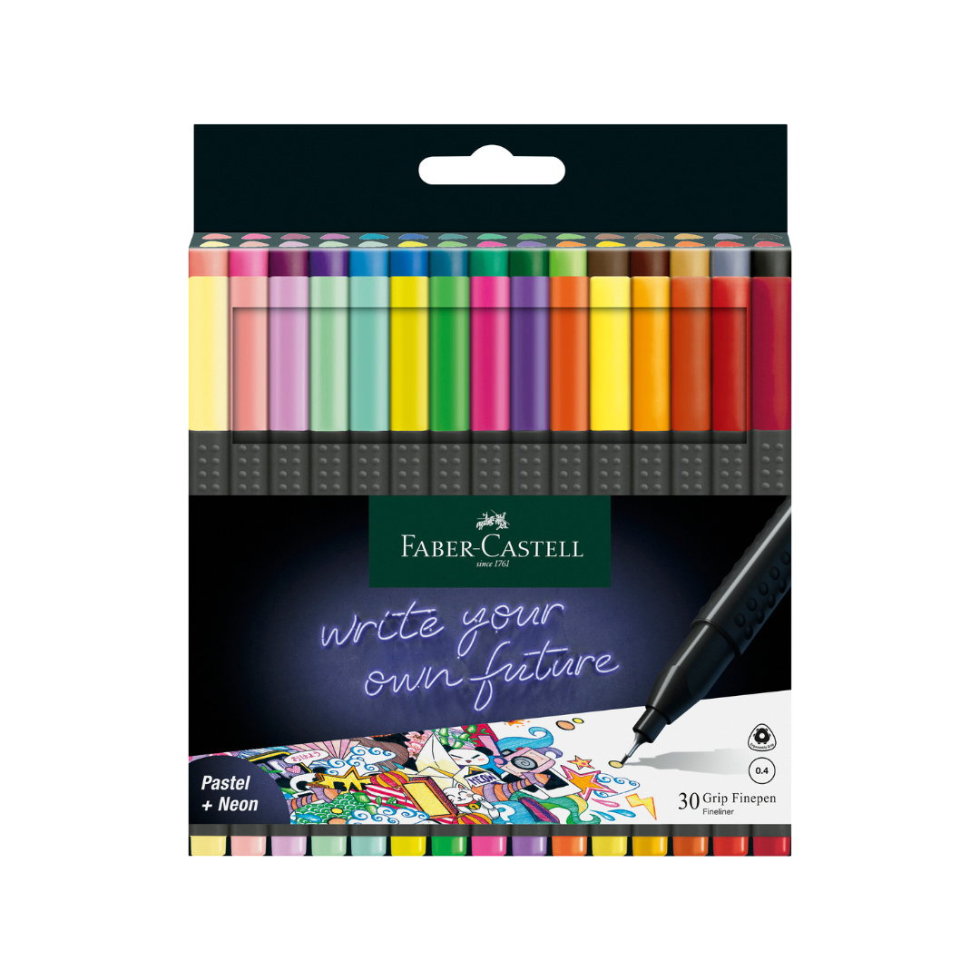 Image shows a set of Faber-Castell grip colour pens