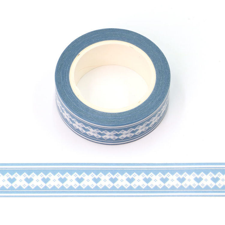 Image shows a washi tape with a blue hearts pattern