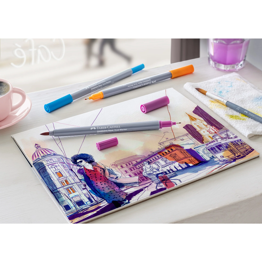 Image shows a drawing made with Faber-Castell aqua markers