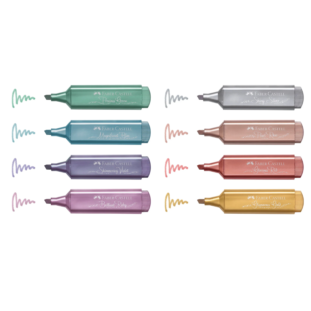 Image shows a set of 8 Faber-Castell metallic Highlighters