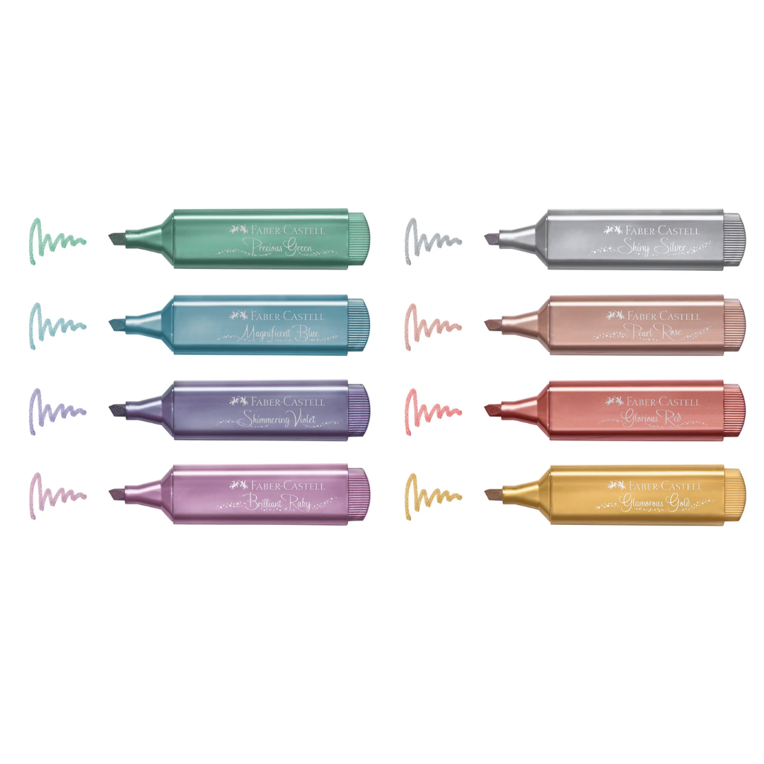 Image shows a set of 8 Faber-Castell metallic Highlighters 