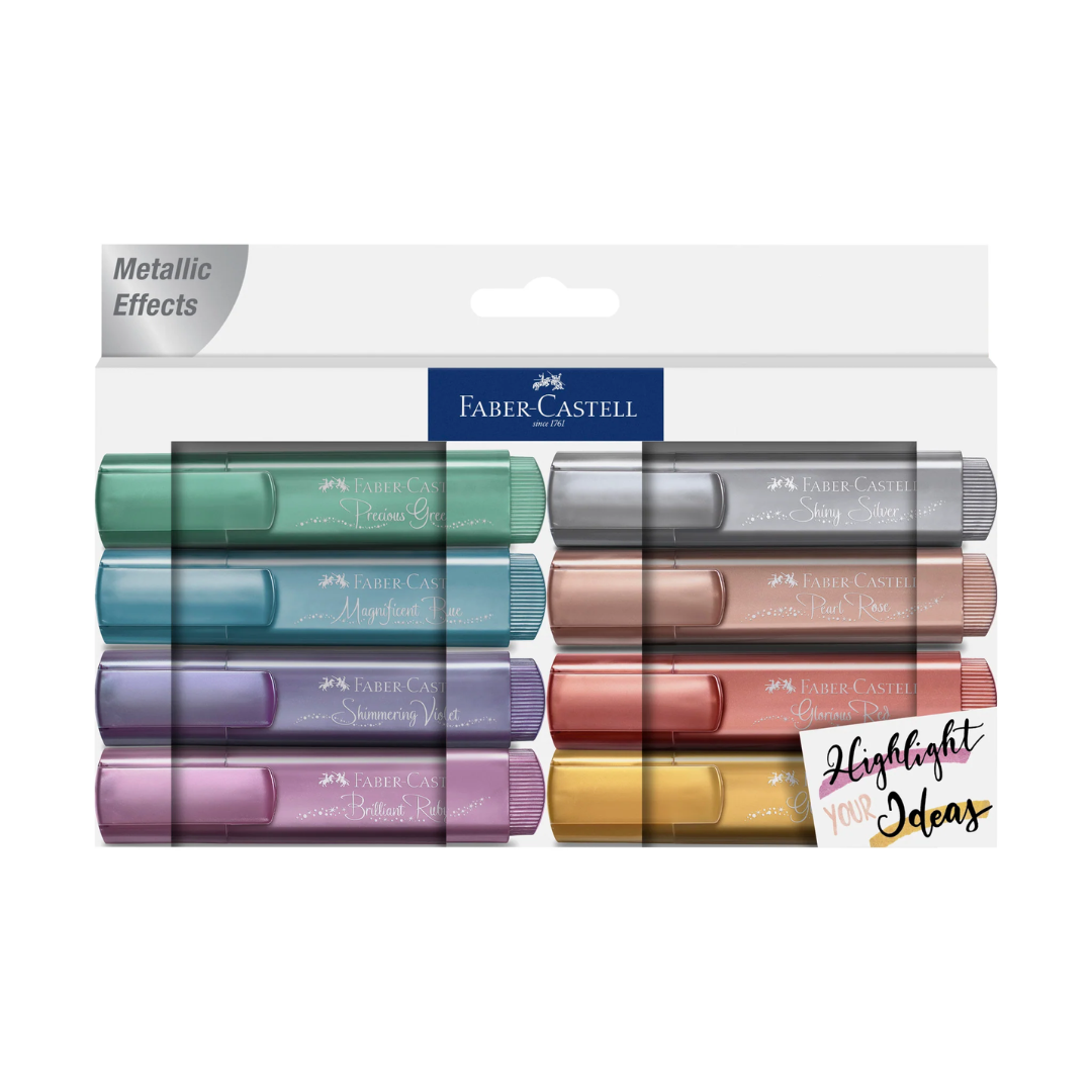Image shows a set of 8 Faber-Castell metallic Highlighters