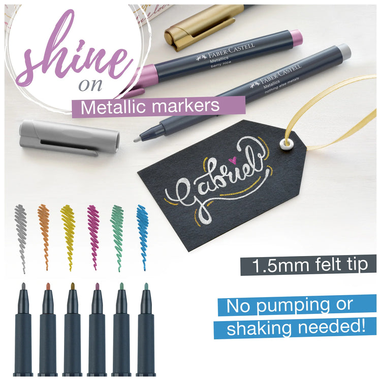 Image shows a set of Faber-Castell metallic markers with text