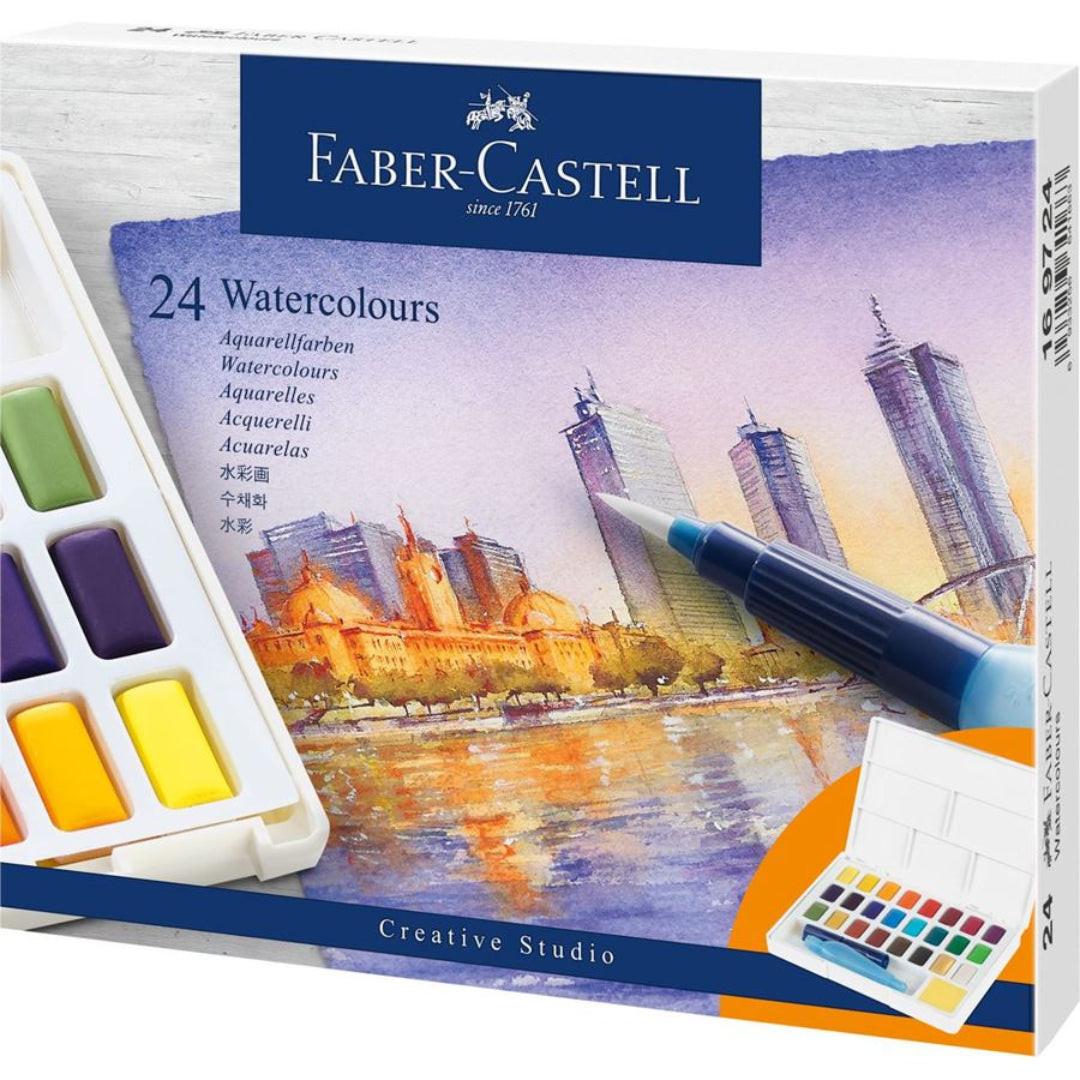 Image shows a Faber-Castell Watercolour paint set 