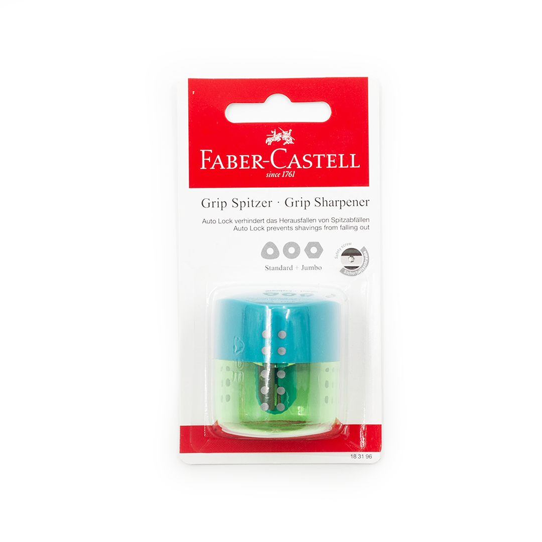 Image shows a green Faber-Castell sharpener