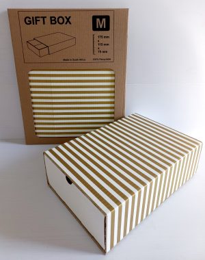 Image shows a gold and white striped gift box