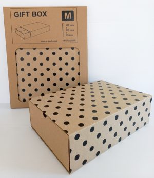 Image shows a black polka dots gift box