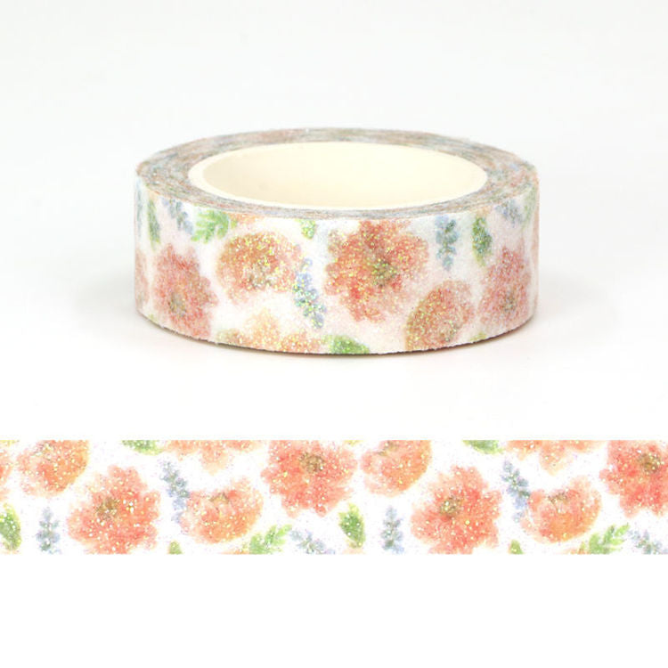 Image shows a glitter washi tape with orange roses
