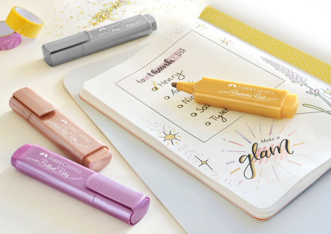 Image shows a set of Faber-Castell metallic marker and journal inspo