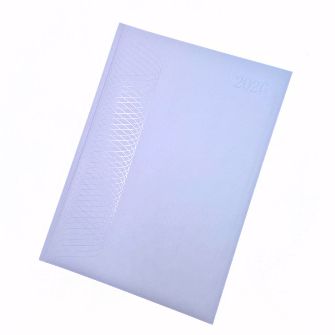 Light blue notebook with grid pattern on a white background