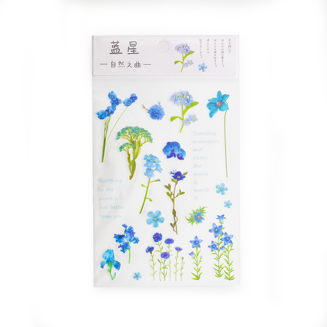 Image shows a sticker pack with blue flowers