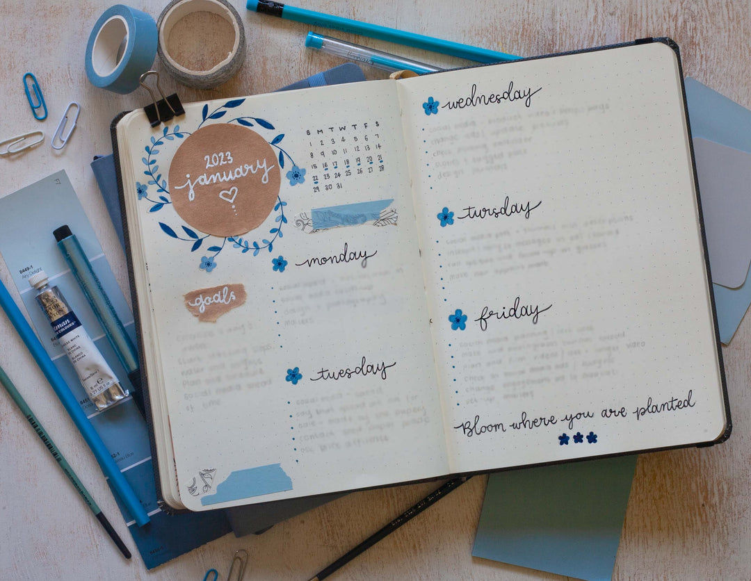 Image shows a journal spread in a premium dotted journal with blue hues