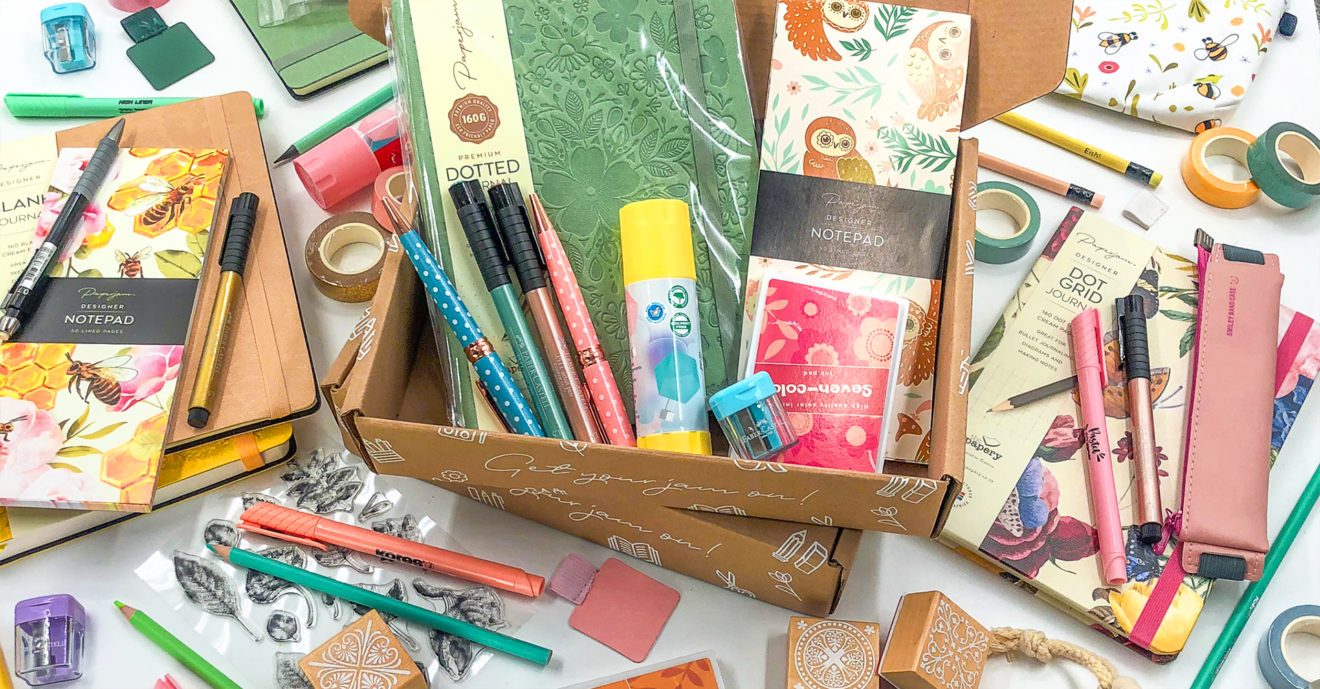 Image shows a build your own stationery box with different stationery & journals