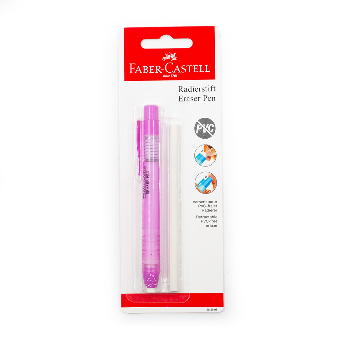 Image shows a pink Faber-Castell eraser pen