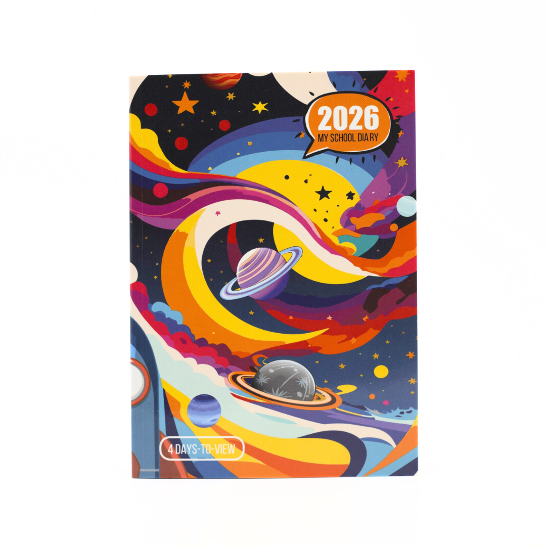 Colorful space-themed diary with 2026 design on a white background