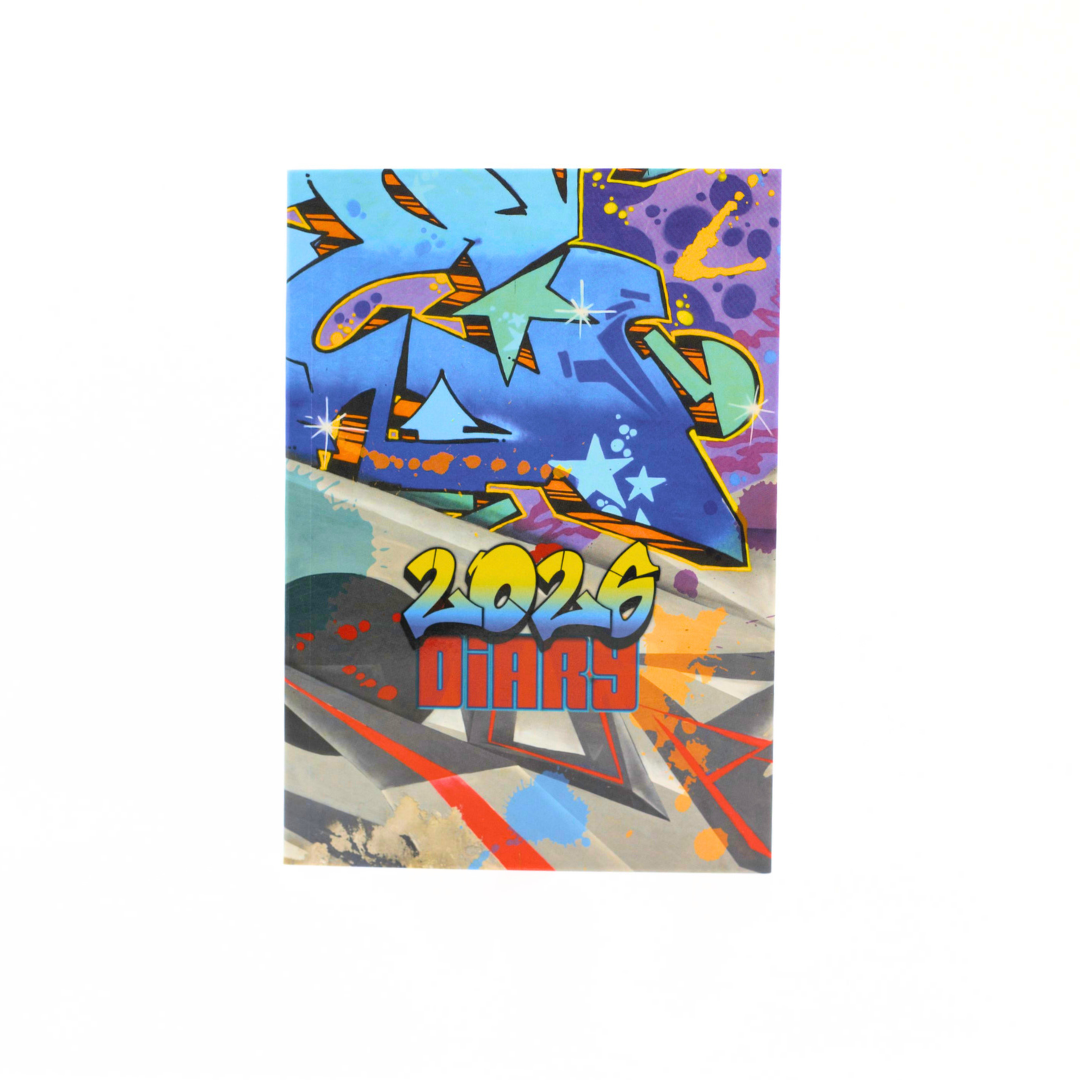 Colorful diary cover with abstract designs and '2026 Diary' text on a white background