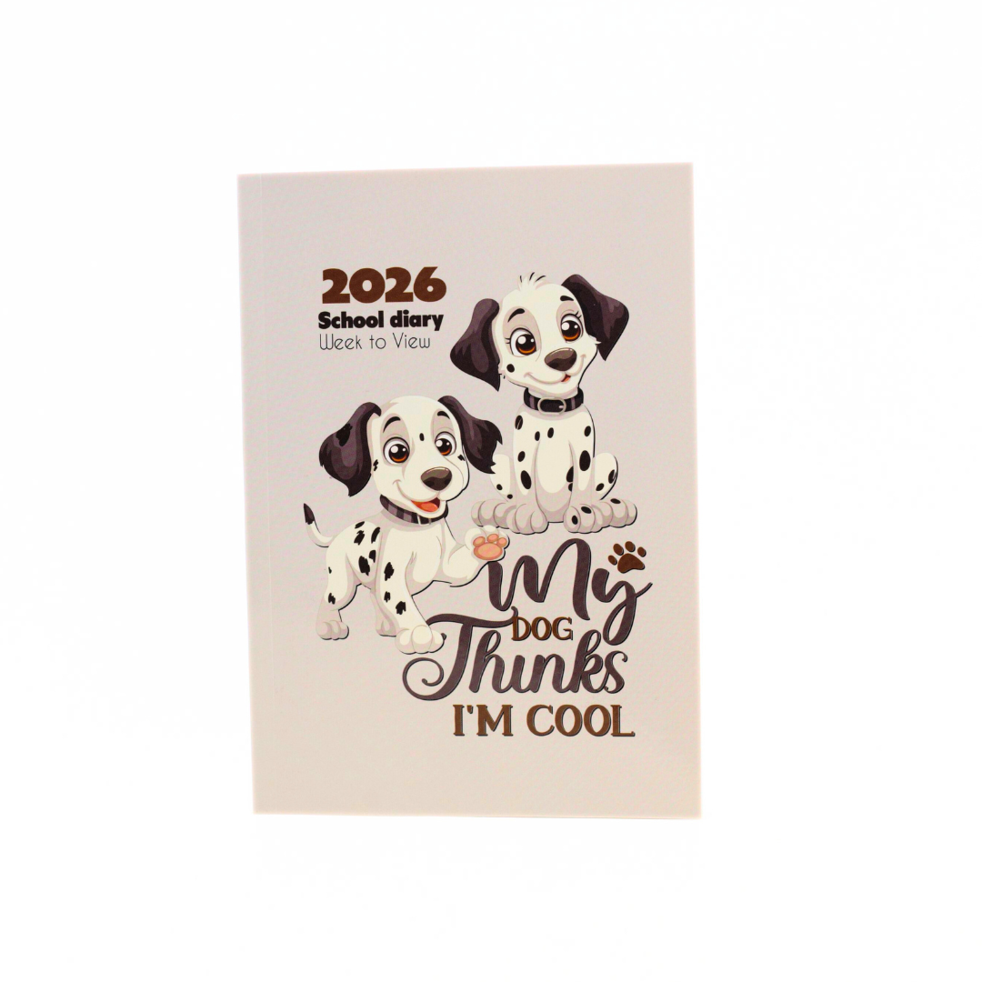 2026 school diary with cartoon Dalmatian dogs and text on a beige background