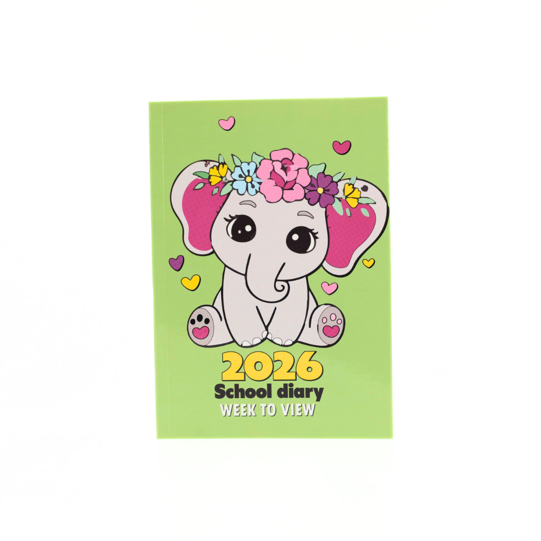 2026 school diary with a cartoon elephant design on a green background