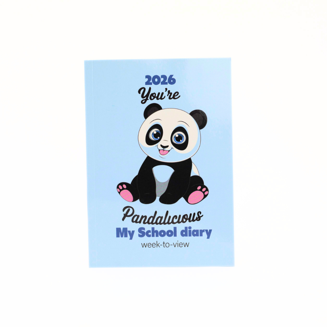 2026 school diary with a panda design on a light blue background