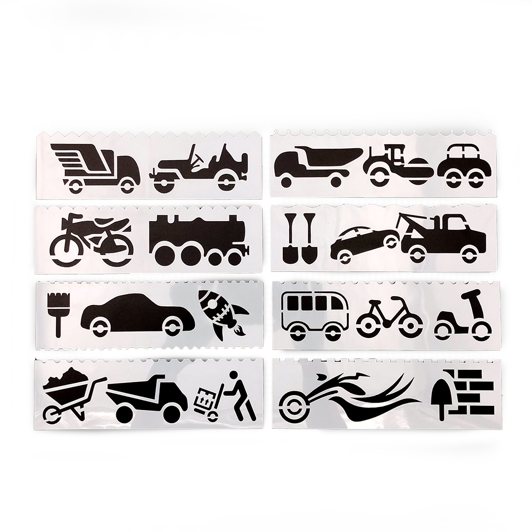 Image shows a stencil set with different modes of transport icons