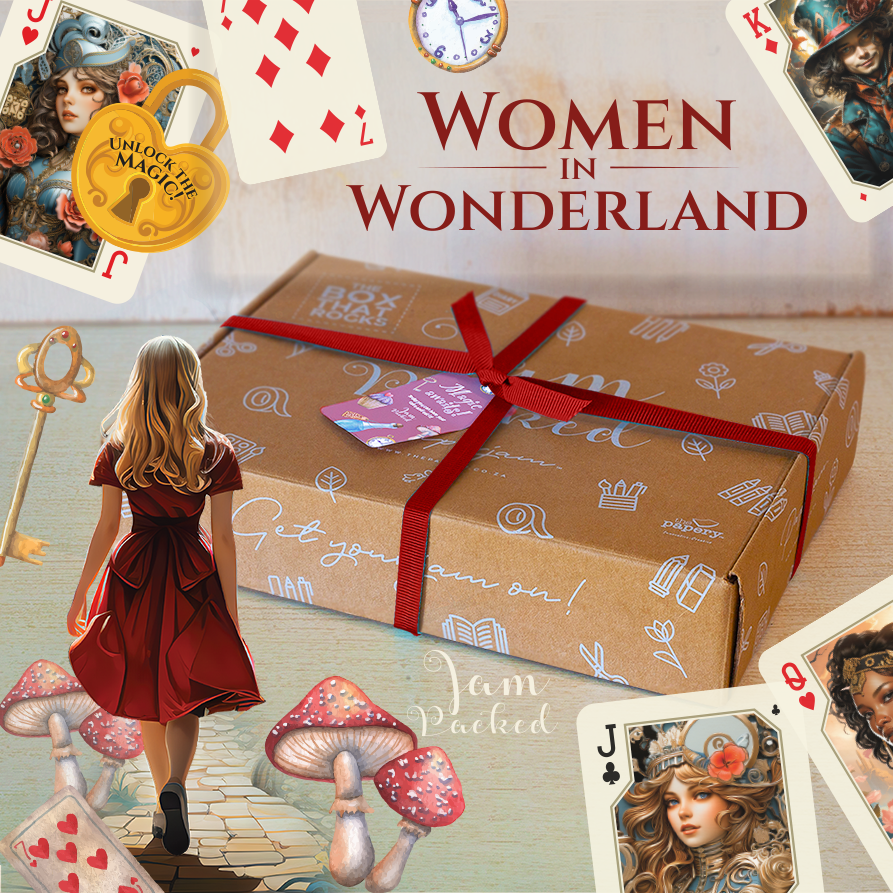 Image show a Women in Wonderland themed stationery box
