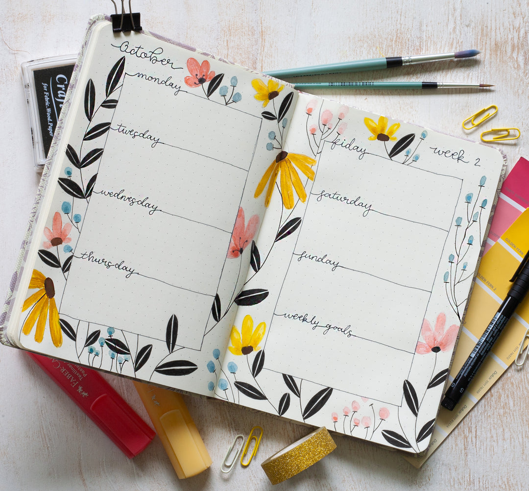 Image shows a journal spread in a premium dotted journal with yellow and pink flowers