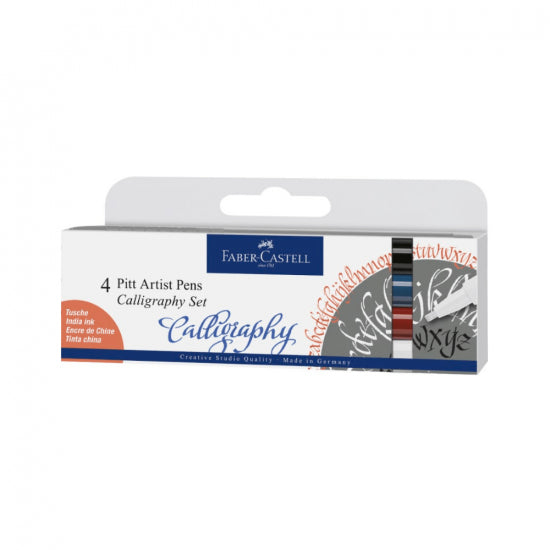 Image shows a set of 4 Faber-Castell caligrapy pitt artist pens
