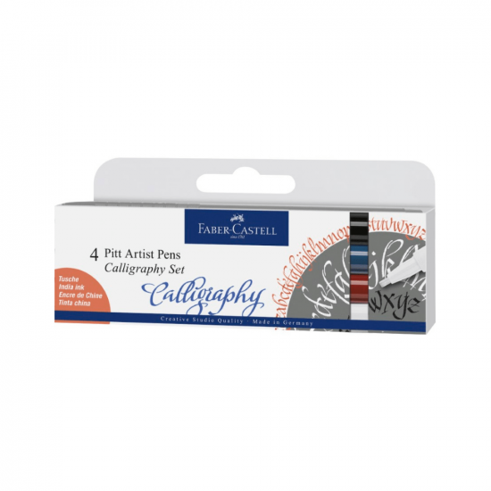 Image shows a set of 4 Faber-Castell caligrapy pitt artist pens