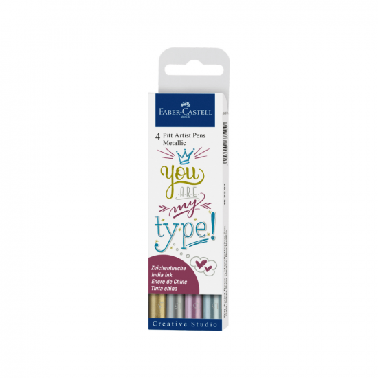 Image shows a set of 4 Faber-Castell metallic pitt artist pens