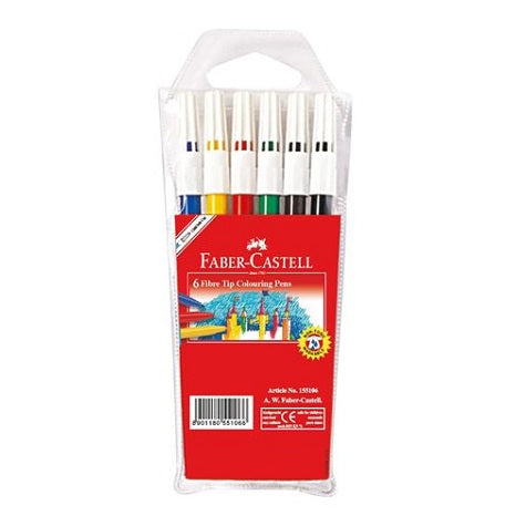 Image shows a set of 6 Faber-Castell fibre tip pens (assorted colours)