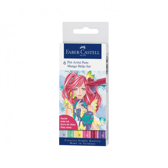 Image shows a set of 6 Faber-Castell pitt artist pens (manga pastel themed)