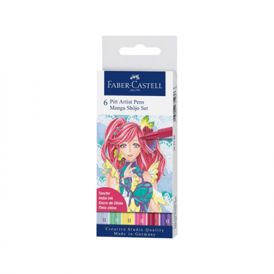 Image shows a set of 6 Faber-Castell pitt artist pens (manga pastel themed)