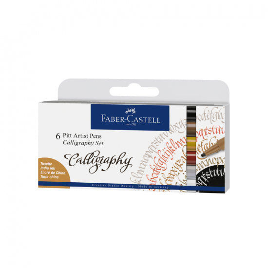 Image shows a set of 6 Faber-Castell calligraphy pitt artist pens (assorted colors)