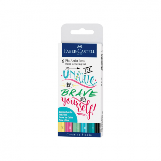 Image shows a set of 6 Faber-Castell pitt artist pens (pastel themed)