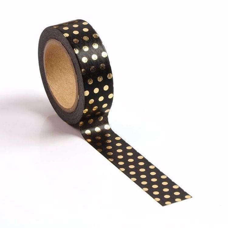 Image shows a black with gold polka dots washi tape