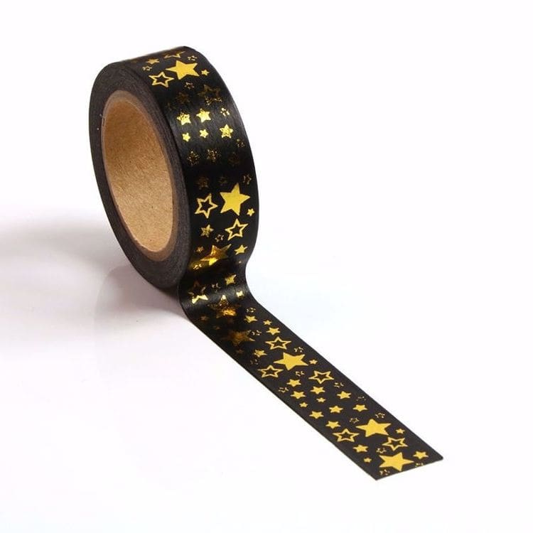 Image shows a black with gold stars washi tape