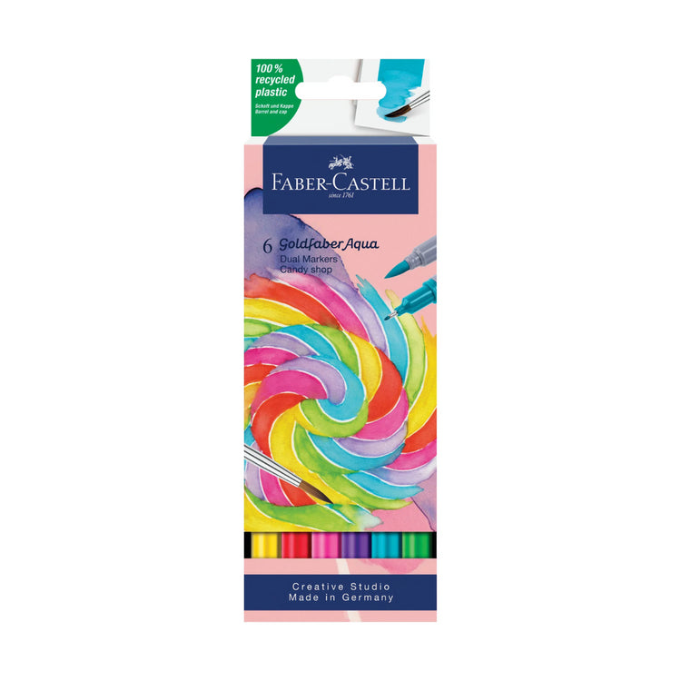 Image shows a set of 6 Faber-Castell dual markers (bright colors)