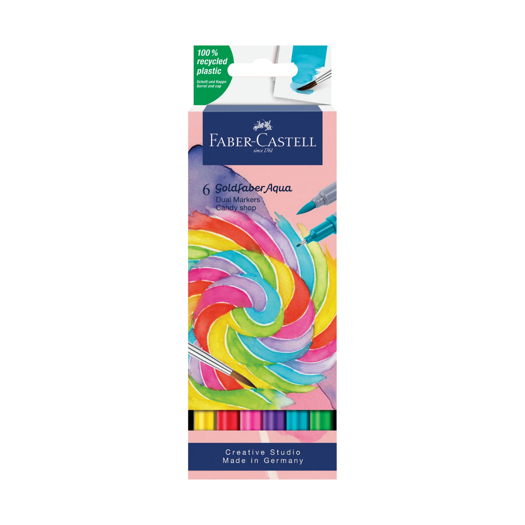 Image shows a set of 6 Faber-Castell dual markers (bright colors)