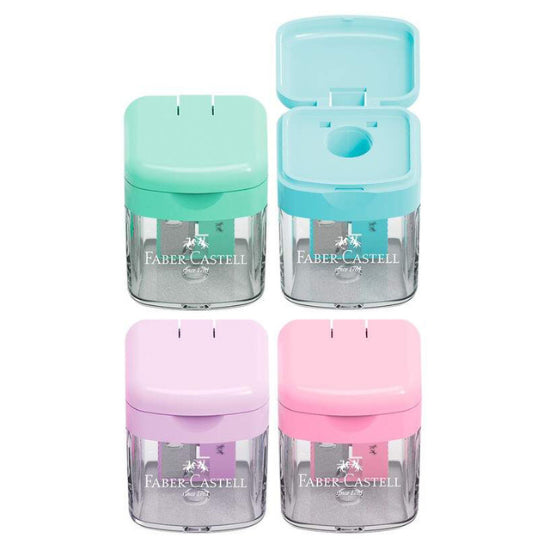 Image shows 4 pastel Faber-Castell mini sharpeners