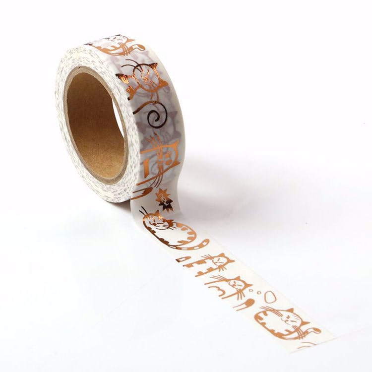Image shows a rose gold foil, cat pattern washi tape
