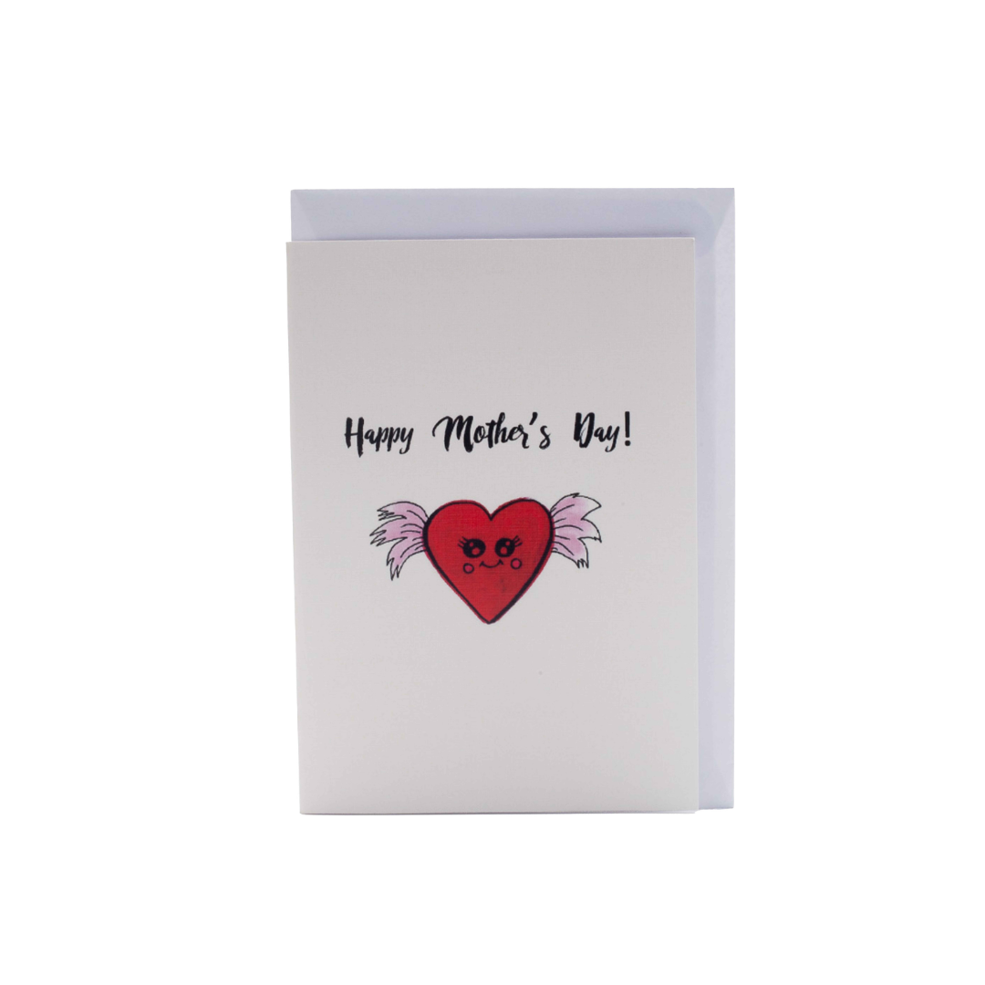 Image shows a greeting card with "happy mother's day" written on it and a heart illustration