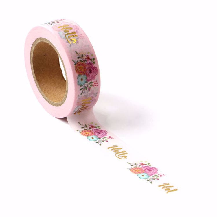 Image shows a pink floral washi tape with the word 'hello'