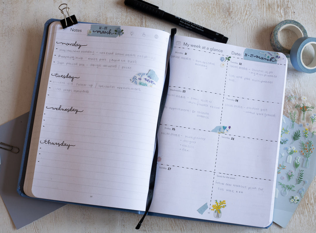 Image shows the inside of a Multiplanner with writing and stationery