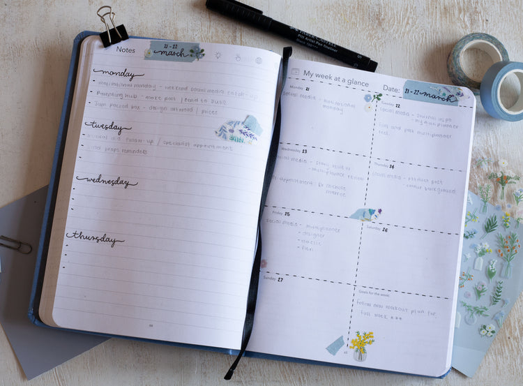 Image shows the inside of a Multiplanner with writing and stationery