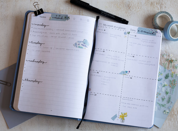 Image shows the inside of a Multiplanner with writing and stationery