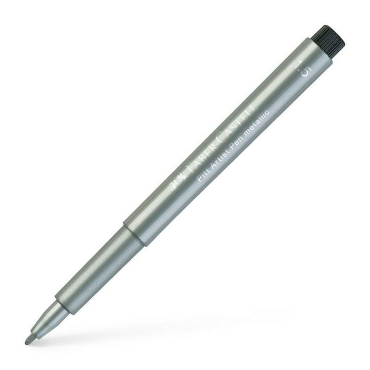 Image shows a Faber-Castell metallic pitt artist pen (silver)