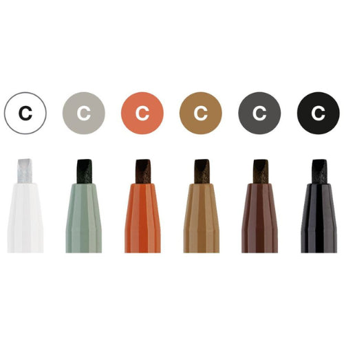 Image shows the nib sizes of a set of 6 Faber-Castell calligraphy pitt artist pens (assorted colors)