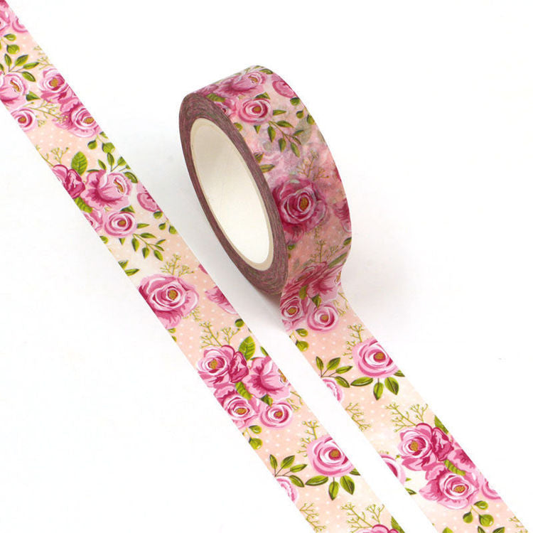 Image shows a pink roses pattern washi tape